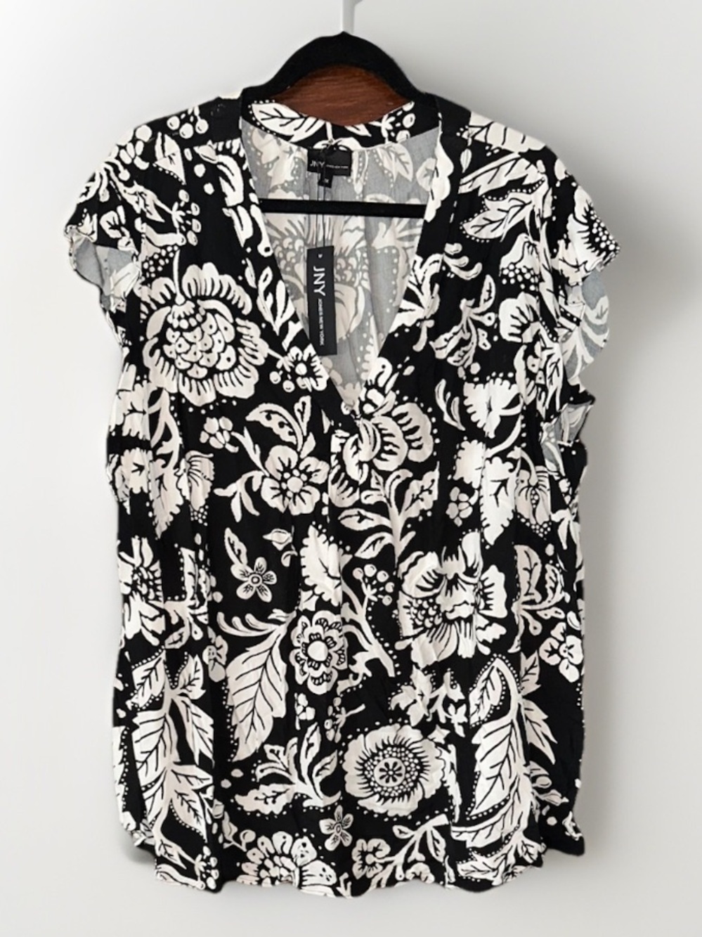 Jones New York JNY Womens 3X Black White Floral V-Neck Faux Wrap Blouse NWT - Picture 1 of 4